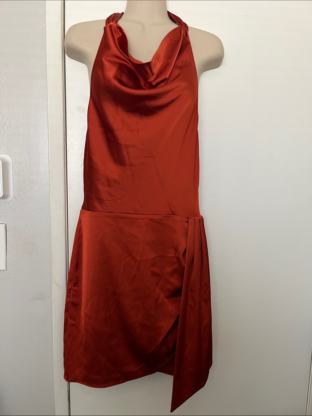 Satin Cowl Neck Halter Dress in Rust